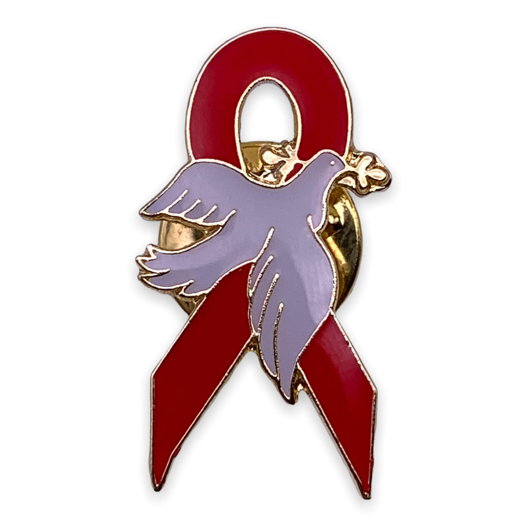 Red Ribbon Dove Pin
