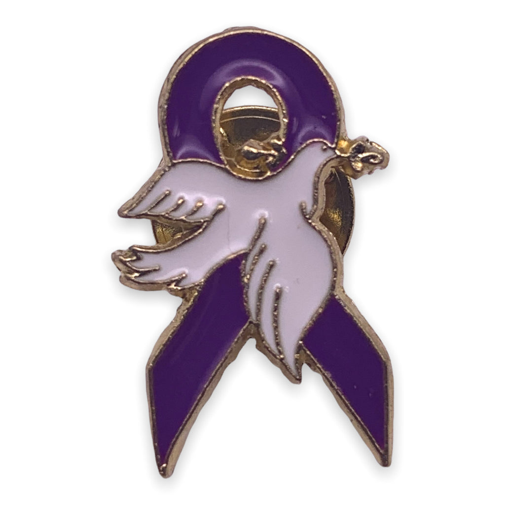 Purple Ribbon Dove Pin