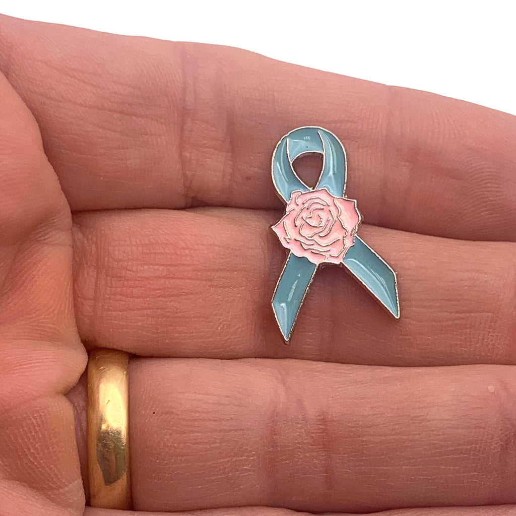 Blue Ribbon Pink Rose Lapel Pin