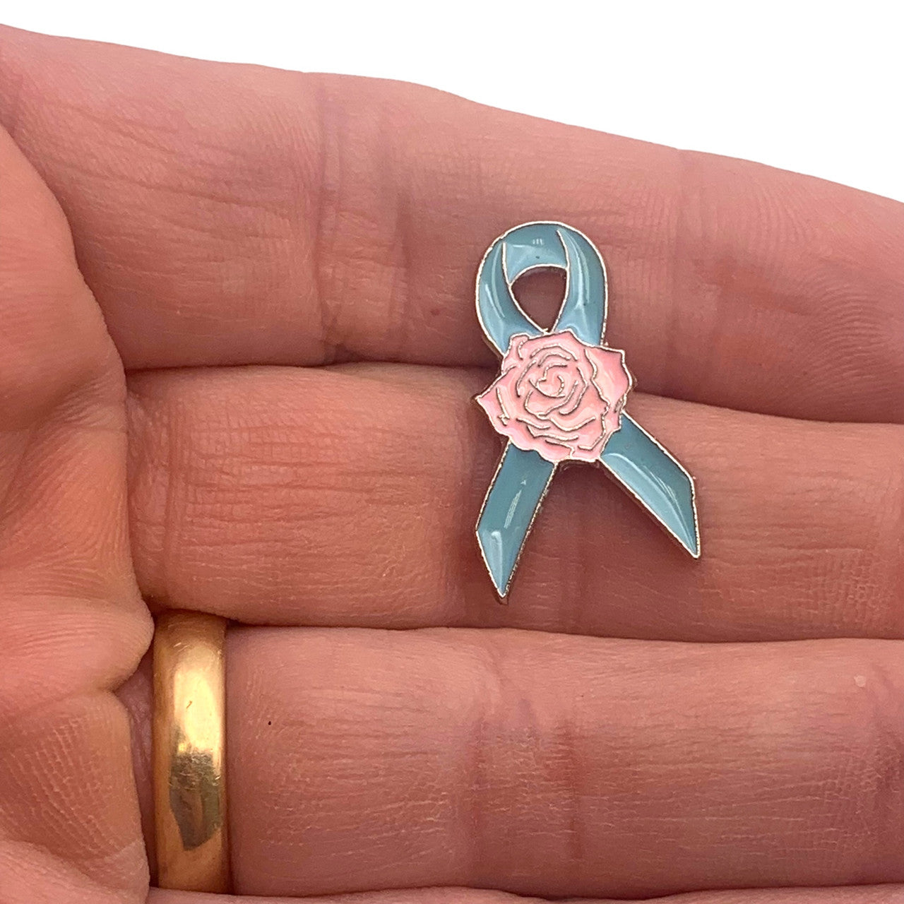 Blue Ribbon Pink Rose Lapel Pin