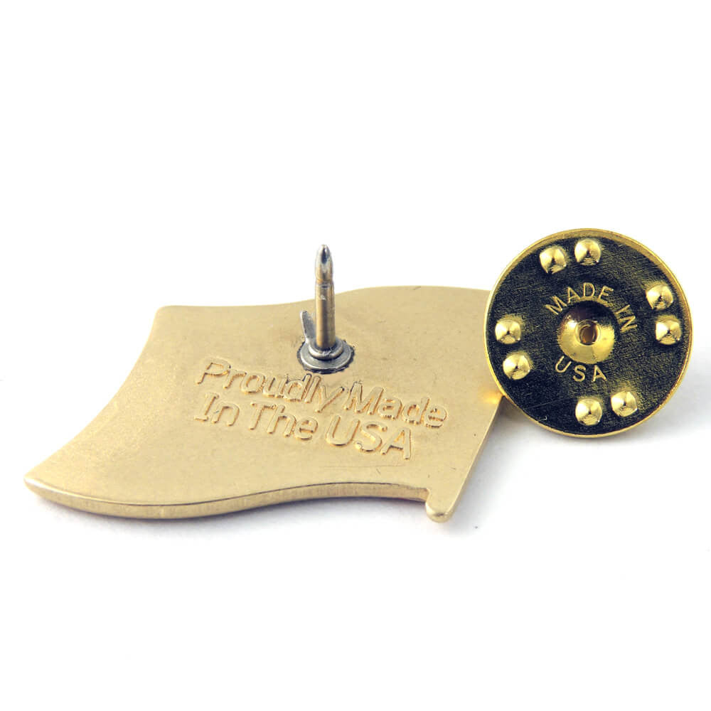 Each pin is stamped "Proudly Made in the USA" on the back - even our clutches are Made in USA